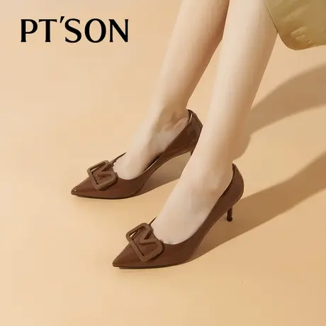 [商场同款]百田森尖头方扣高跟鞋女细跟春法式真皮气质单鞋女PTS图片