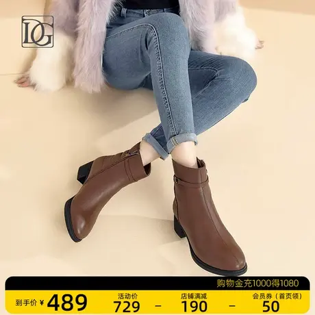 头层牛皮棕色短靴女粗跟2023新款春秋单靴尖头真皮英伦风及踝靴子商品大图