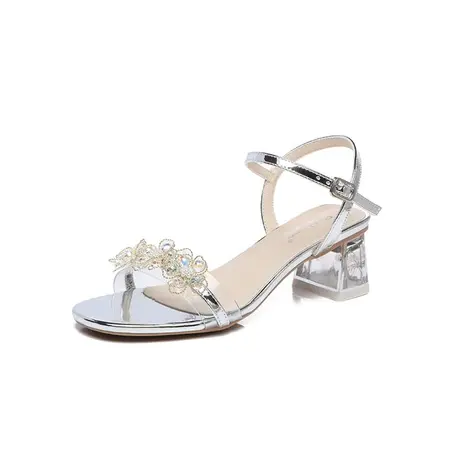 百翎2023年夏季时尚新款百搭凉鞋水晶跟水钻一字带粗跟气质女鞋子商品大图