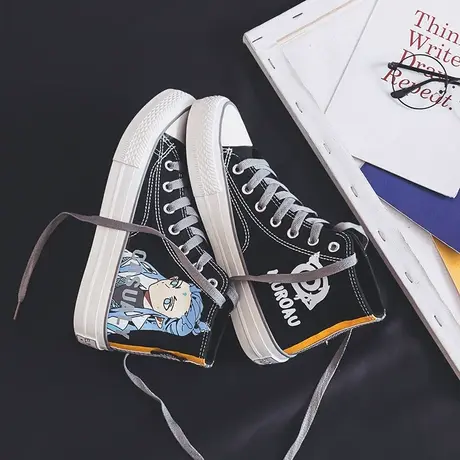 帆布鞋女2020新款秋季高帮动漫涂鸦哪吒敖丙手绘学生韩版百搭板鞋商品大图