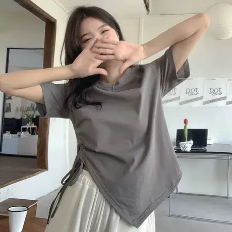 大码夏季不规则宽松开叉短袖T恤女装胖妹妹显瘦正肩百搭上衣200斤图片