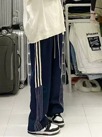 美式条纹运动卫裤女春秋新款大码胖mm显瘦宽松直筒长裤子200斤潮商品大图