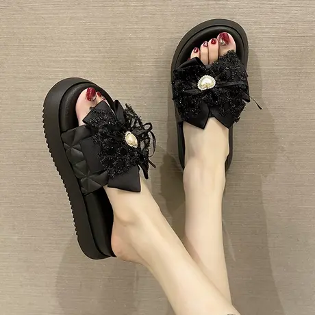 凉拖鞋女夏季新款时尚蝴蝶结珍珠厚底增高沙滩外穿防滑松糕一字拖商品大图