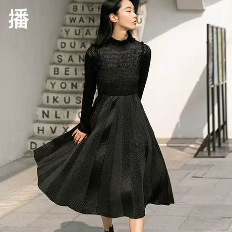 播无袖长裙2023秋季新款休闲圆领百褶裙拼接木耳边抽褶连衣裙女图片