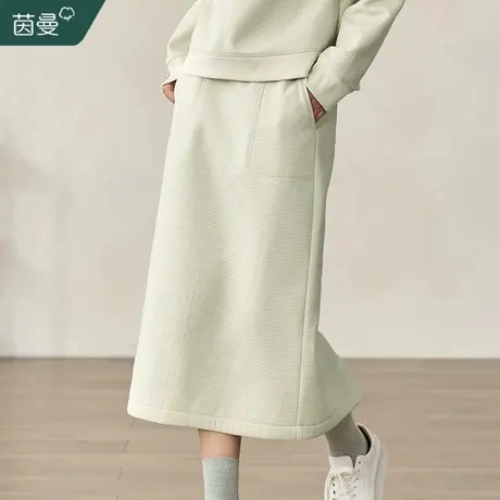 茵曼华夫格开叉半身裙女2023年冬季新款松紧高腰显瘦直筒裙中长裙商品大图