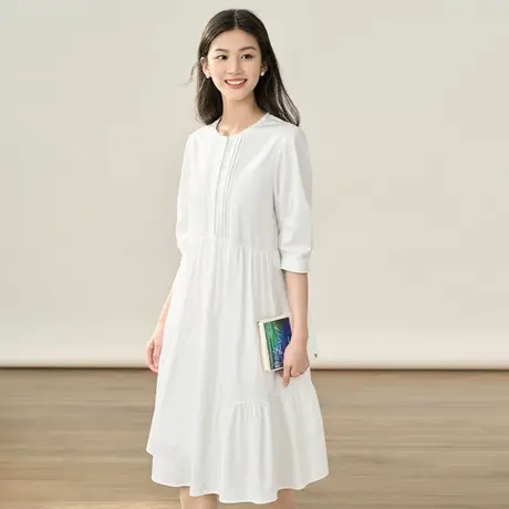 【商场同款】茵曼纯色连衣裙2023秋季女装新款圆领灯笼袖显瘦裙子图片