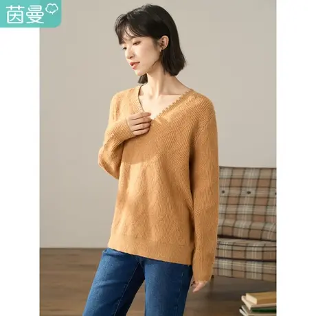 【商场同款】茵曼冬女装新款通勤V领百搭菱格纹宽松套头毛衣图片