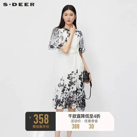 sdeer圣迪奥女装圆领晕染交叉网纱喇叭袖连衣裙S232Z12J1图片