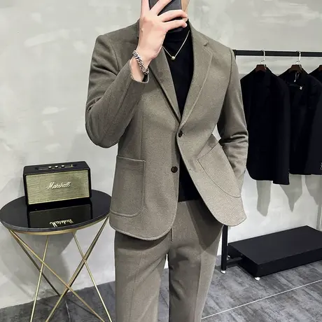 高品质毛呢西装男套装秋冬两粒扣修身痞帅西服加厚保暖单西外套潮图片