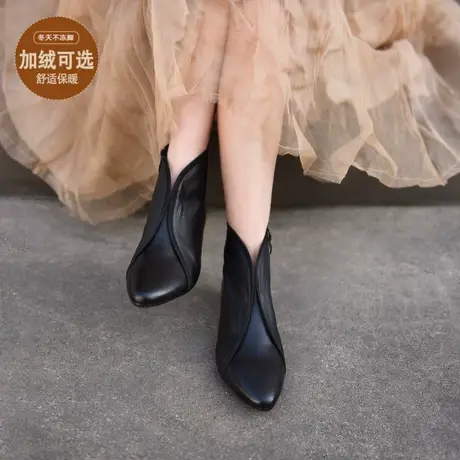 Artmu阿木复古真皮尖头短靴女2024新款百搭单靴黑色靴子加绒平底图片