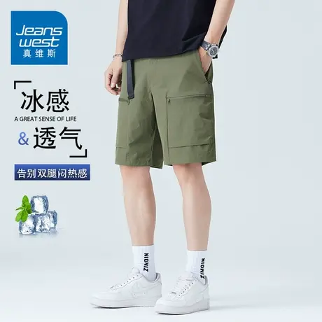 GQ真维斯工装短裤男士夏季腰带日系复古多口袋休闲宽松五分速干裤图片
