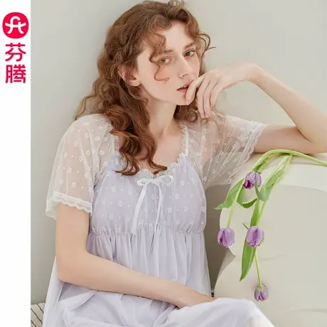 芬腾睡裙女士夏季纯棉短袖带胸垫睡衣裙女款蕾丝花边家居服中长裙图片