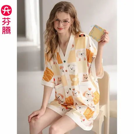 芬腾女士睡衣夏季薄款冰丝短袖短裤套装可爱休闲女款加大码家居服商品大图