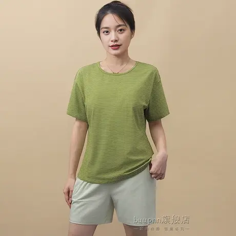 免穿文胸家居服上衣女夏细条纹套头圆领短袖短裤套装单件商品大图