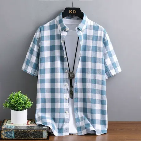 方格子长袖衬衫男100%纯棉衬衣服初高中学生蓝色夏季防晒服薄外套图片