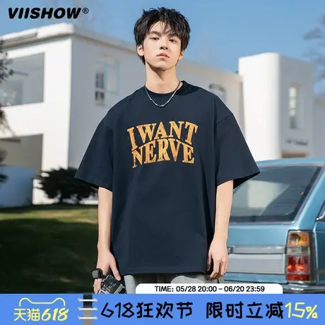 VIISHOW潮牌夏季字母印花圆领短袖T恤男女复古街头宽松情侣上衣商品大图