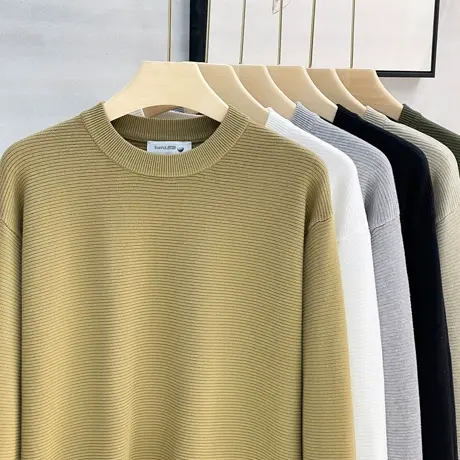 肌理感条纹提花毛衣男秋冬款潮牌毛衫上衣圆领线衣内搭宽松针织衫图片