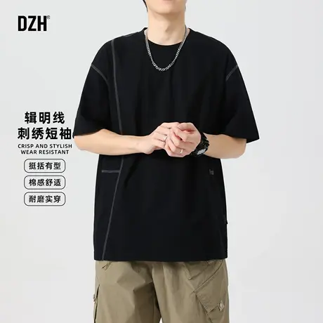 男士辑明线设计感刺绣短袖t恤男2025夏季新款圆领上衣男款半截袖商品大图