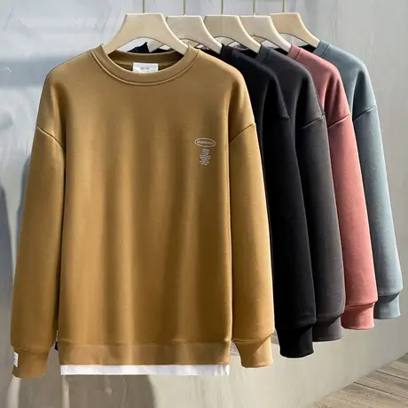 2023新款男士春秋季潮流加绒卫衣男宽松假两件保暖打底衫上衣男装图片