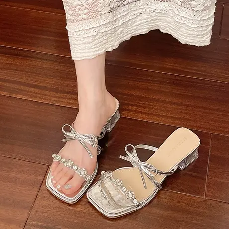 银色绝美凉鞋女2025年夏季新款配裙子百搭水钻凉拖鞋透明粗跟拖鞋商品大图