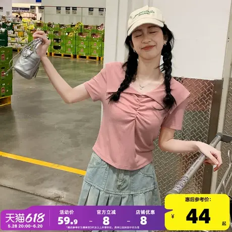 唐狮短袖T恤女2025夏季新款甜美白色小衫别致V领掐腰设计感上衣sz商品大图