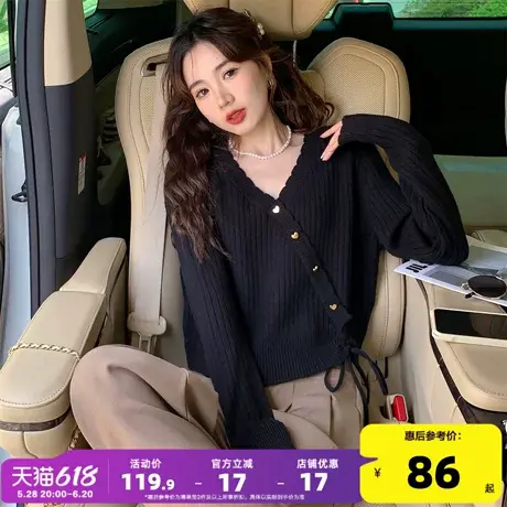 唐狮假门襟抽绳设计感套头V领毛衣女2025新款春秋黑色针织衫qd商品大图