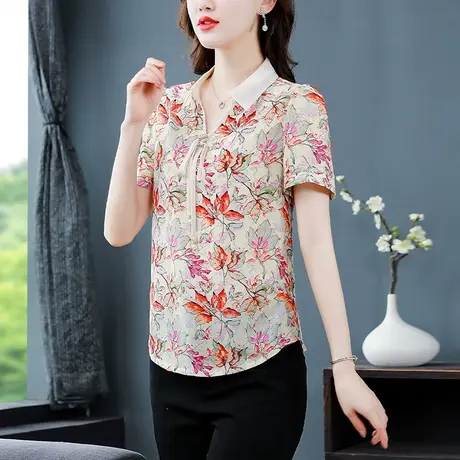 夏季雪纺衫女2023新款夏装短袖女上衣宽松印花时尚别致减龄女小衫商品大图