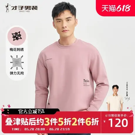 才子男装圆领卫衣男士2025春季新款宽松弹力刺绣休闲套头无帽上衣图片