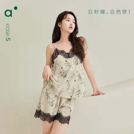 安之伴夏季带胸垫吊带凉感睡衣女甜美蕾丝背心短袖居服纯棉薄款商品大图