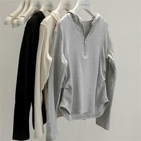 小众设计！两侧捏褶收腰美式运动纯色修身半开拉链卫衣女春秋连帽图片