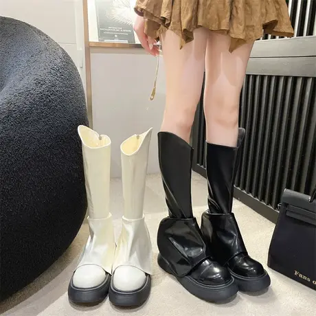 长筒靴女2023春秋季新款复古小众设计感显瘦裤管靴厚底增高骑士靴商品大图