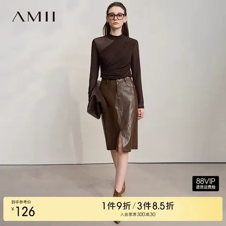 Amii2025秋新款极简气质圆领修身弹力网纱针织透肤打底衫T恤女图片