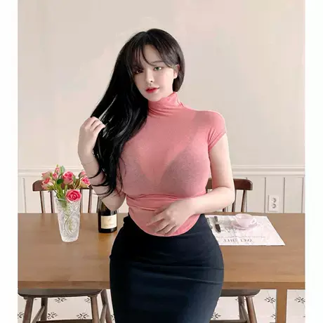 现货~Onoev高领弧形下摆短袖体恤2023女人味微透T恤图片