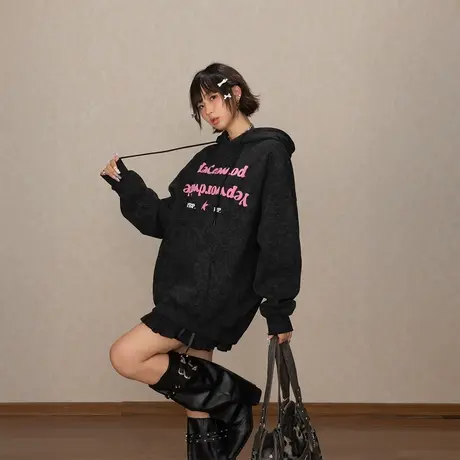 YEP复古黑色发泡印花连帽卫衣女早秋新款美式套头帽衫宽松外套潮商品大图
