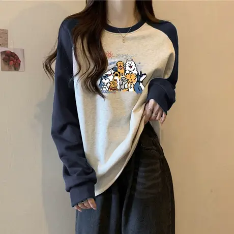 童趣风卡通圆领薄款卫衣女初秋洋气韩版宽松显瘦百搭插肩袖上衣潮商品大图