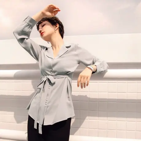 桔熊春秋季通勤西装领长袖衬衫宽松收腰中长款上衣女大码AB16514图片