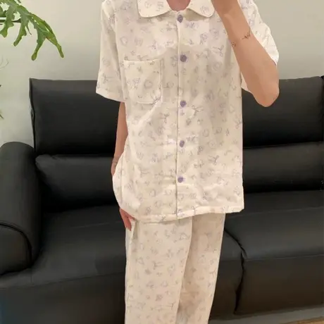 新品可爱甜美纯棉双层纱布短袖长裤套装睡衣家居服宽松棉纱可外出商品大图