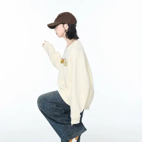 美式复古水果印花卫衣女秋季2025新款宽松圆领套头上衣外套潮牌商品大图