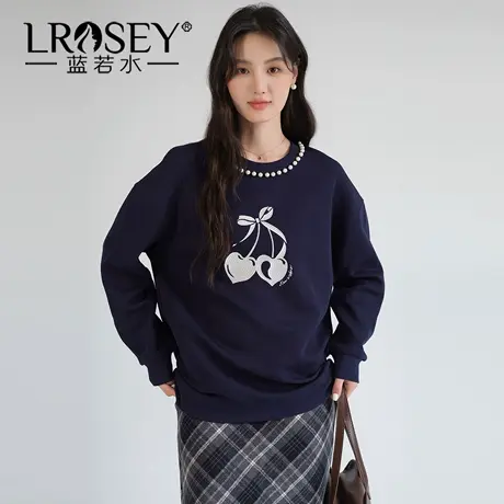 蓝若水大码女装小众钉珠圆领刺绣卫衣2025秋装新款宽松别致上衣YL图片