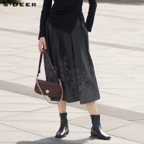 sdeer圣迪奥冬季女装时尚松紧拼接压褶印花A字伞裙S24481117图片