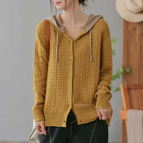 dza 复古短款连帽针织外套女士春秋新款宽松外搭毛衣开衫休闲上衣图片