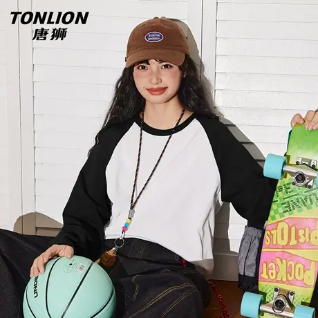 唐狮官方黑色长袖t恤女2026新款春秋款女款撞色插肩袖内搭上衣VB图片
