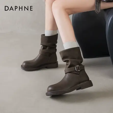 达芙妮棕色短靴女2026新款冬季加绒美拉德堆堆靴平底瘦瘦马丁靴子商品大图