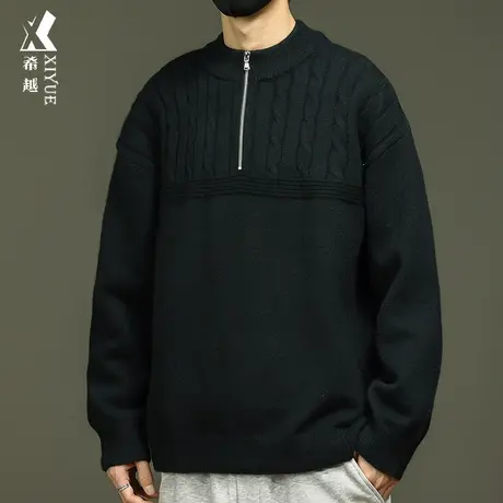 希越暖绒半高领拉链毛衣男士秋冬季暗黑风宽松大码慵懒感内搭打底图片