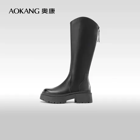 奥康女鞋 2023冬季新款黑色V口长靴小个子长筒靴厚底骑士靴瘦瘦靴商品大图