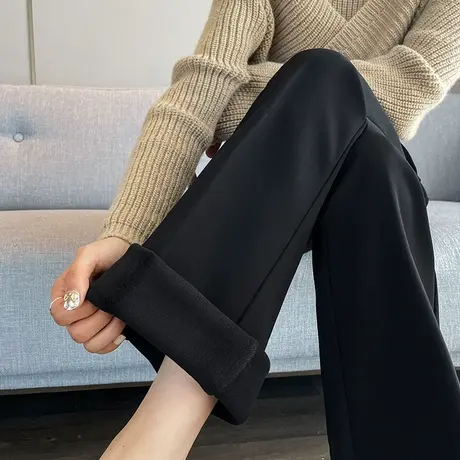 黑色微喇西装裤女冬季加绒加厚高腰直筒修身显瘦拖地马蹄喇叭裤子商品大图