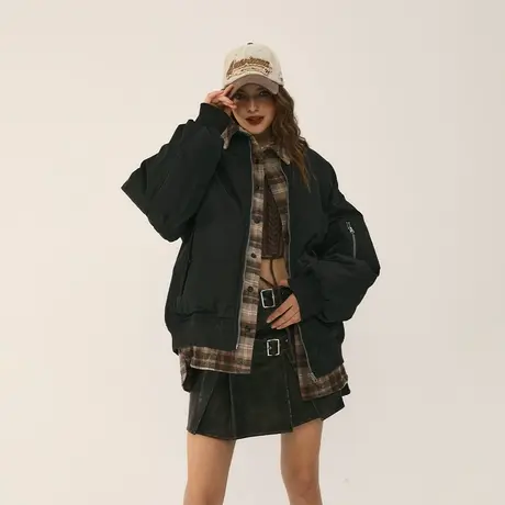 美式复古黑色棒球服棉服女冬季夹棉外套2023新款复古宽松潮牌棉衣图片