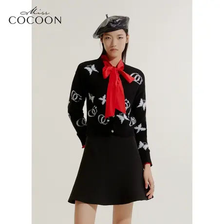 COCOON商场同款2023秋冬新款logo图案提花绵羊毛针织开衫商品大图