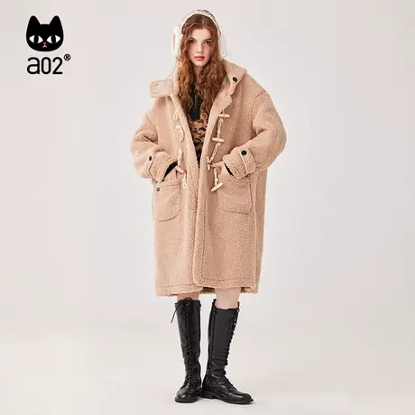 a02非正式学院2023冬季甜酷显瘦宽松慵懒仿羊羔毛带帽长款大衣图片