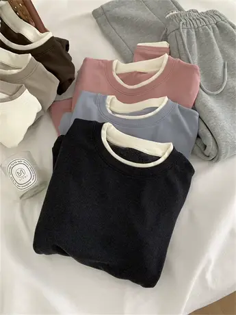 软糯高弹假两件圆领打底衫女宽松肩显瘦百搭冬季拉绒保暖长袖T恤商品大图